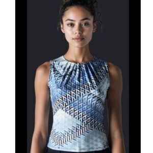 Calvin Klein Women's Blue Printed Pleat-Neck Sleeveless Top